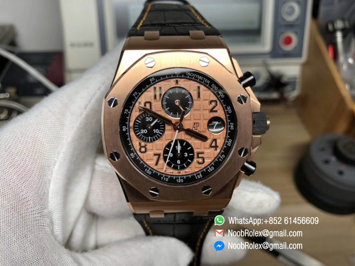 AP Royal Oak Offshore 2014 Gold Theme Rose Gold Case on Black Leather Strap A3126 Movement 2018 JF Best Version V2 01