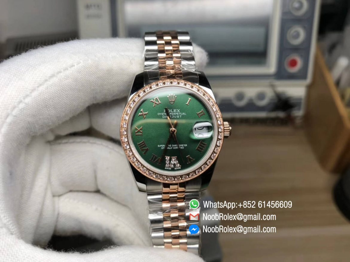 DateJust 36 Steel Rose Gold 126283 Green Dial Diamond Bezel Roman Markers A2824 RZF Best Edition 904L Steel 01