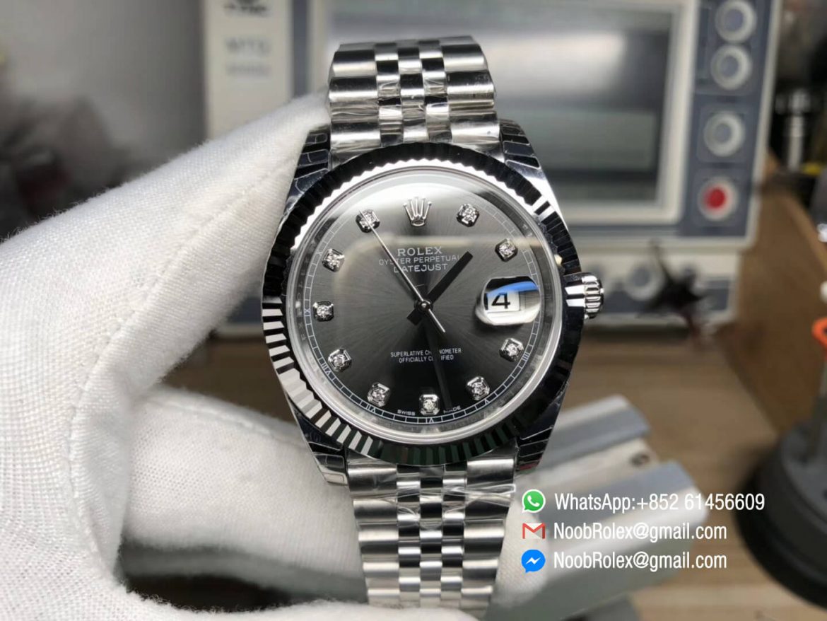 DateJust 41 126334 Fluted Bezel Gray Dial Diamonds Markers on Stainless Steel Case Jubilee Bracelet A3235 Noob Top Fake Quality 01