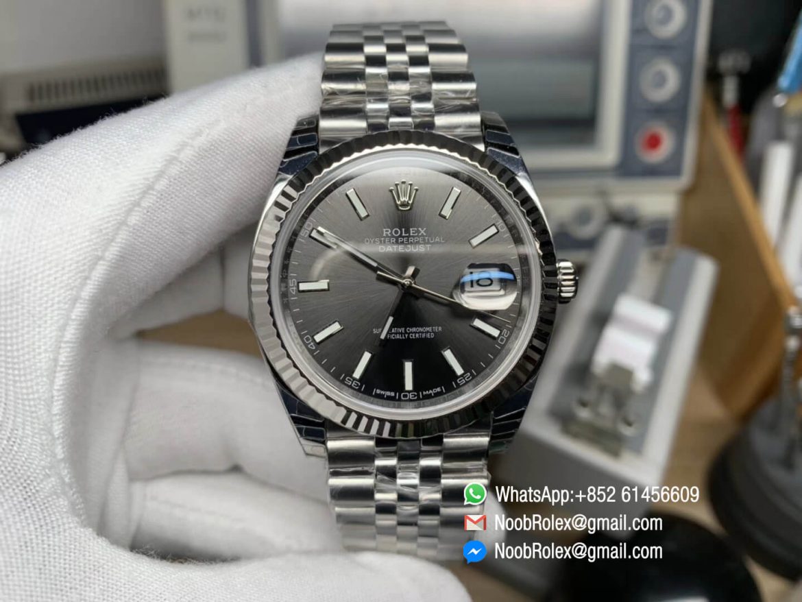 DateJust 41 126334 Noob Factory Best Edition Fluted Bezel Gray Dial Stick Markers on Stainless Steel Case Jubilee Bracelet A3235 01