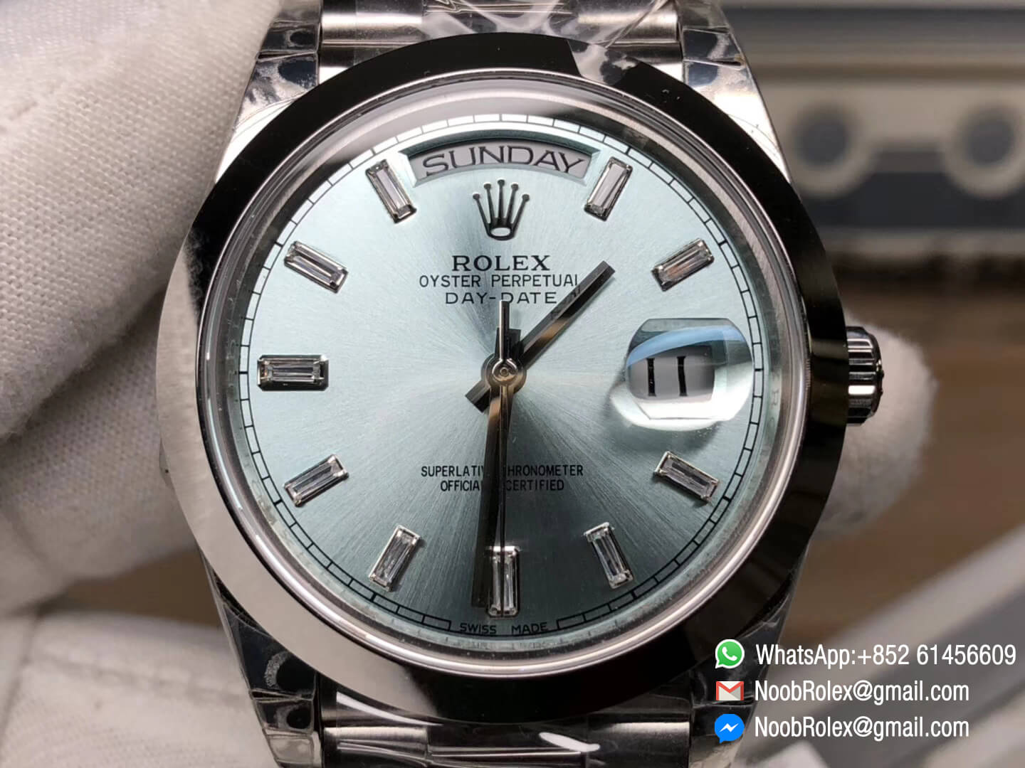 Day Date II Stainless Steel Polished Bezel Ice Blue Dial Crystal Markers on Steel Bracelet A3255 Same Serials Card Top Quality Replica Best Edition 02