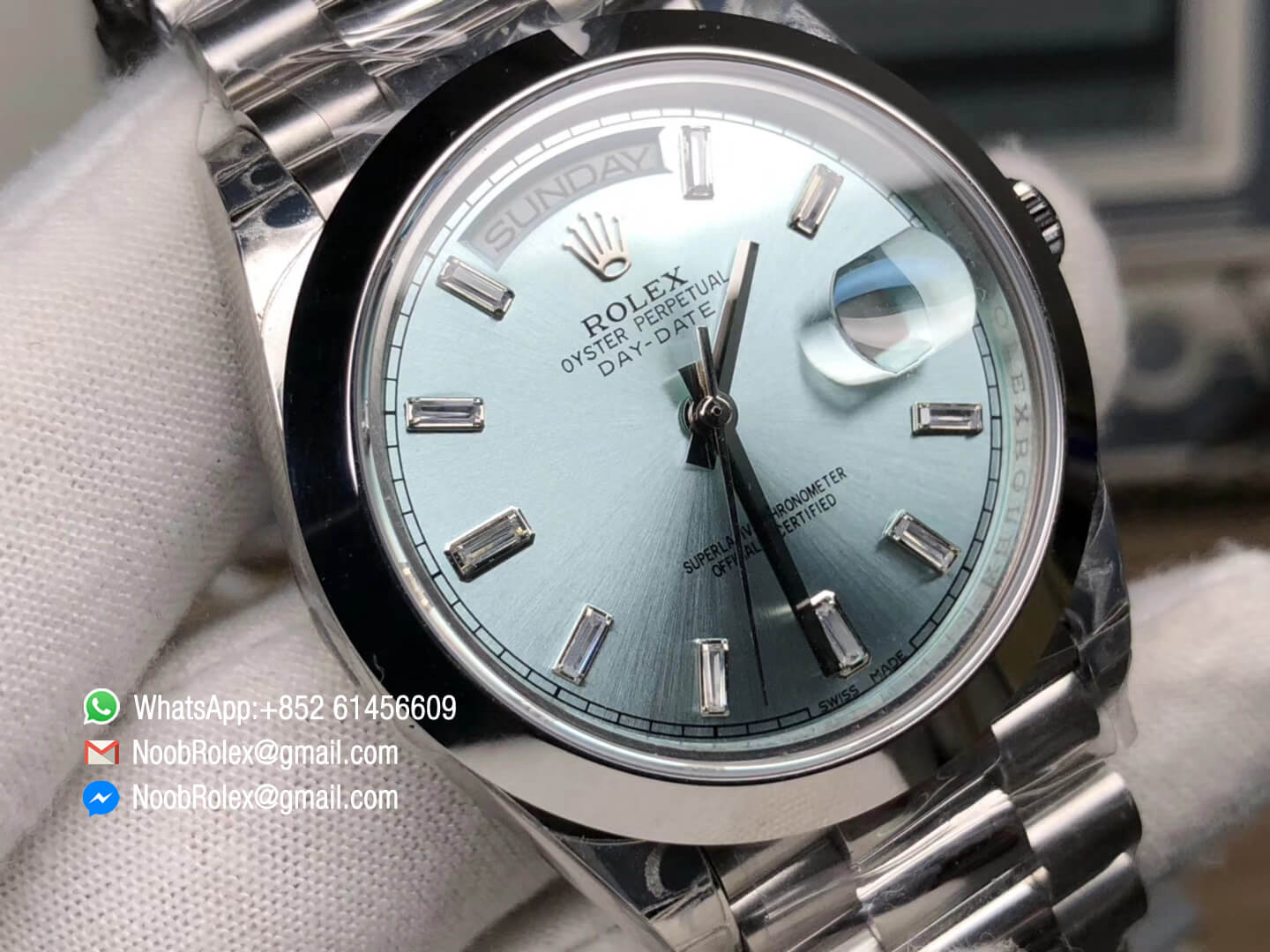 Day Date II Stainless Steel Polished Bezel Ice Blue Dial Crystal Markers on Steel Bracelet A3255 Same Serials Card Top Quality Replica Best Edition 03