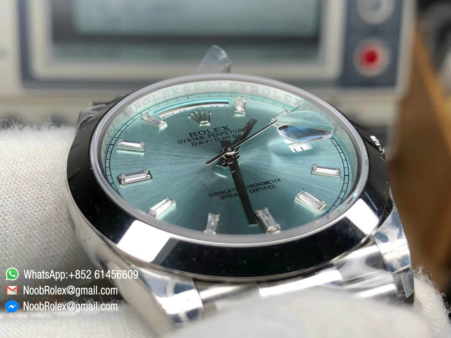 Day Date II Stainless Steel Polished Bezel Ice Blue Dial Crystal Markers on Steel Bracelet A3255 Same Serials Card Top Quality Replica Best Edition 04