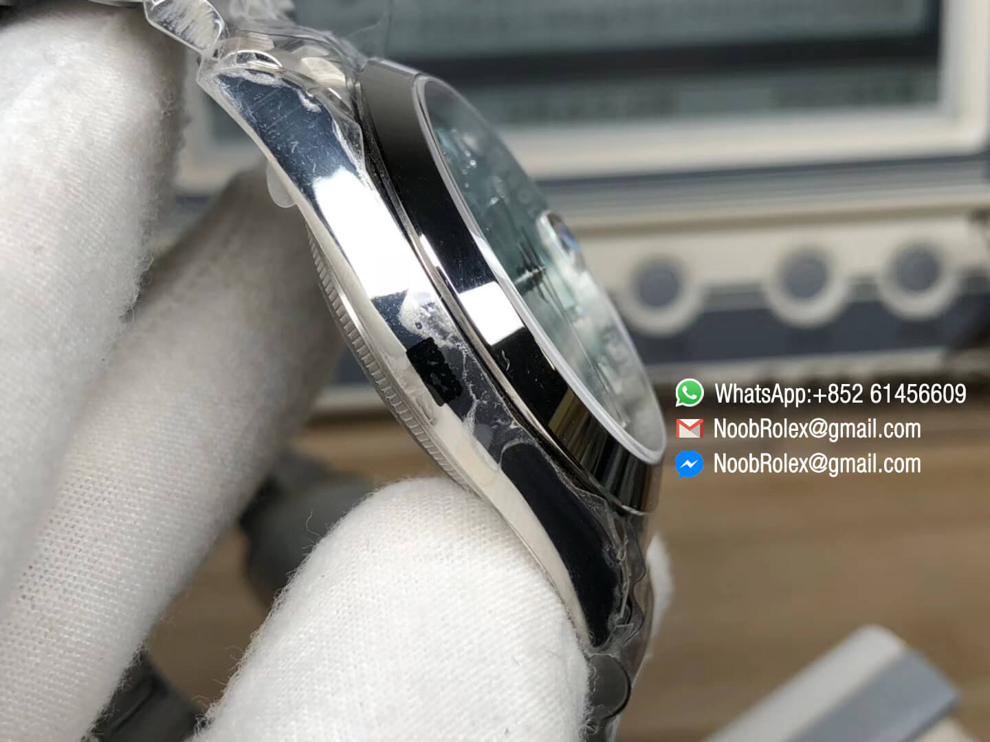 Day Date II Stainless Steel Polished Bezel Ice Blue Dial Crystal Markers on Steel Bracelet A3255 Same Serials Card Top Quality Replica Best Edition 05