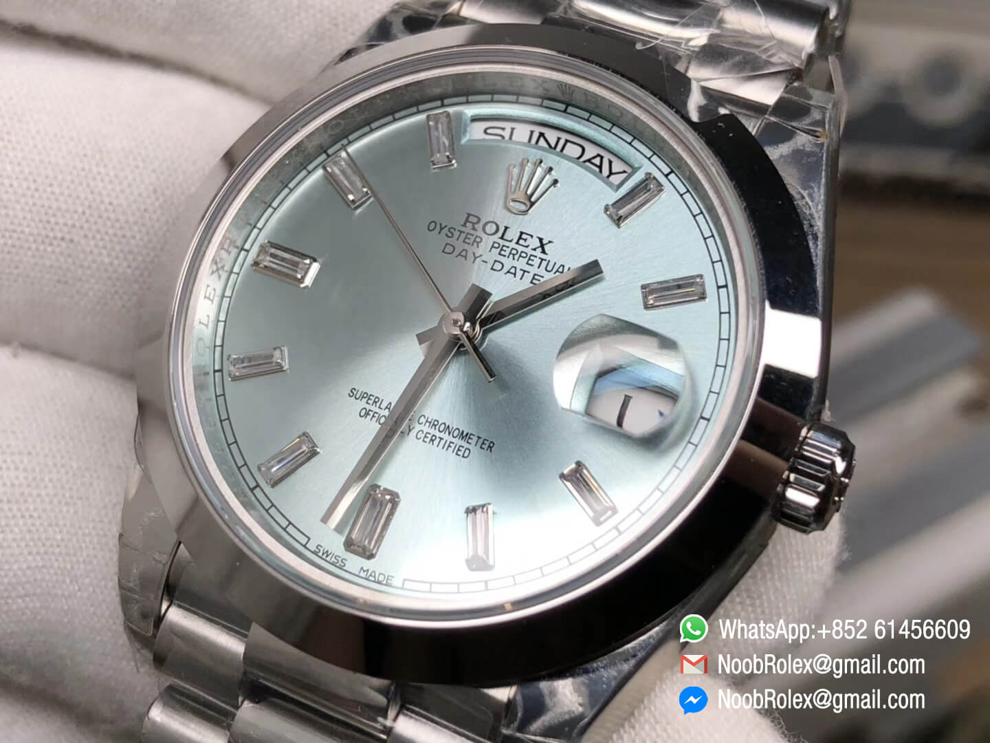 Day Date II Stainless Steel Polished Bezel Ice Blue Dial Crystal Markers on Steel Bracelet A3255 Same Serials Card Top Quality Replica Best Edition 06