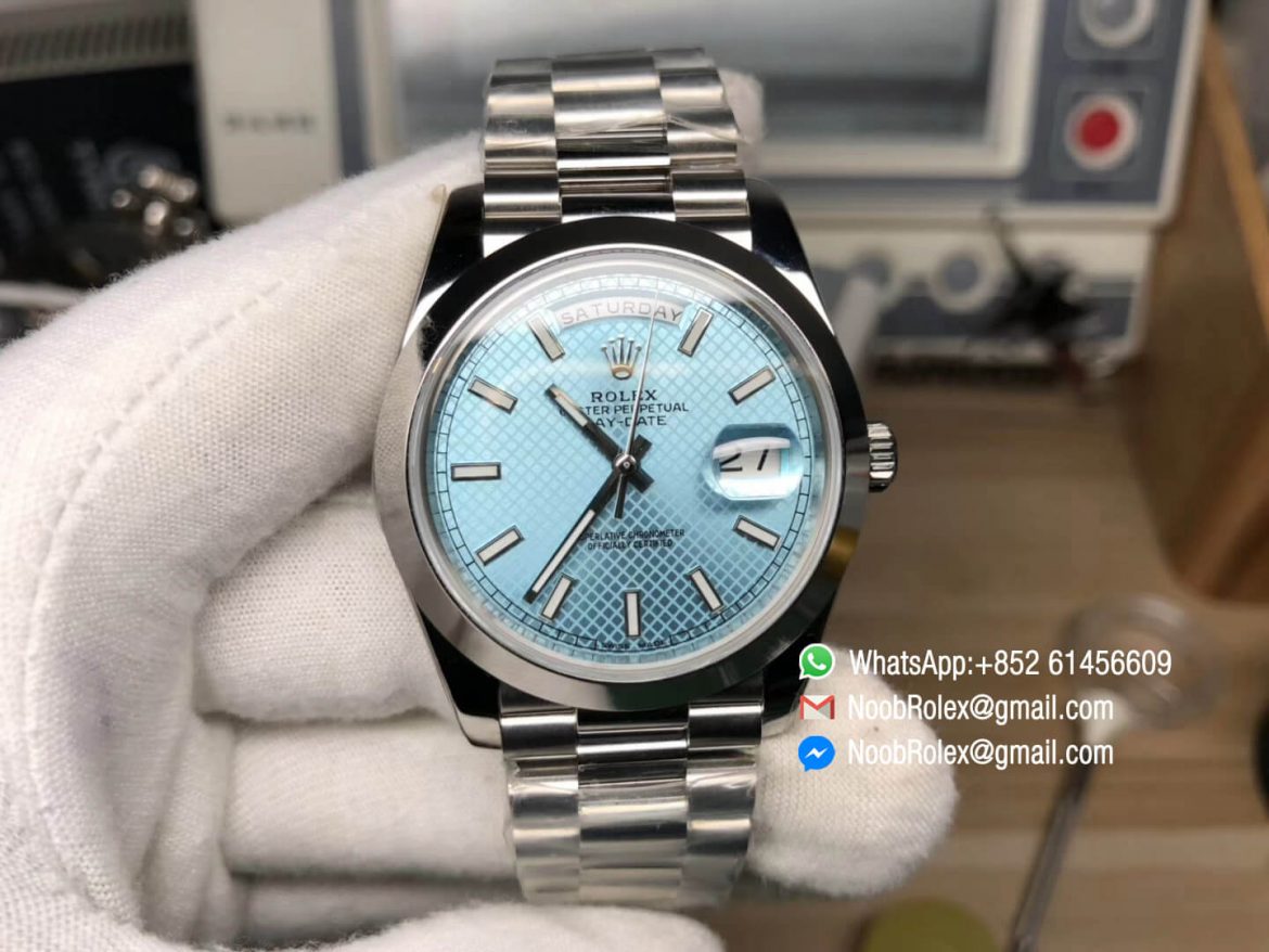 Oyster Perpetual Day Date 40 228239 Steel Case Ice Blue with Diagonal Motif Dial Asian Clone Calibre 3255 Movement President Bracelet 01