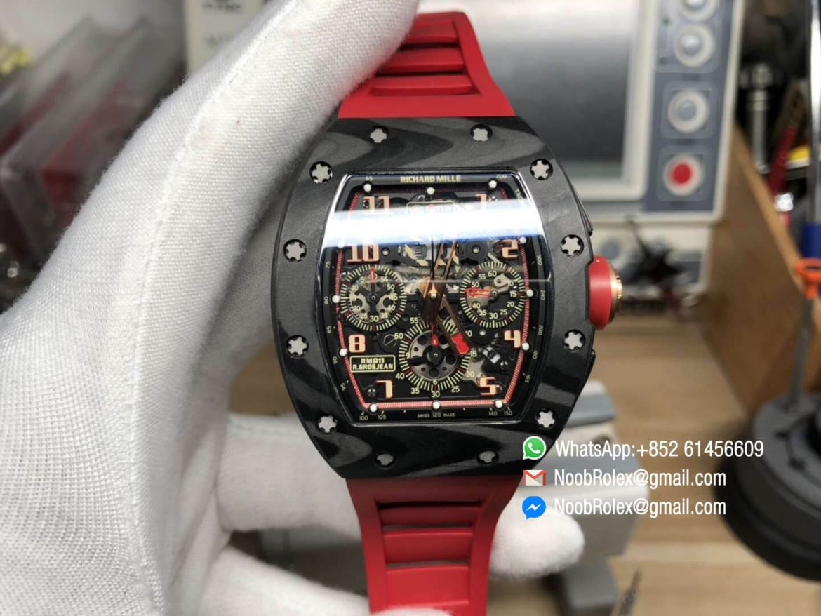 RM011 Lotus F1 Team Limitied Edition Carbon Case Chronograph KVF Best Edition Crystal Skeleton Dial Red on Red Rubber Strap A7750 01