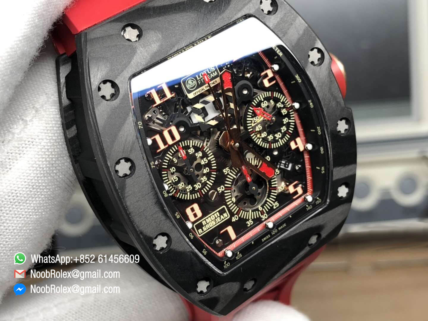 RM011 Lotus F1 Team Limitied Edition Carbon Case Chronograph KVF Best Edition Crystal Skeleton Dial Red on Red Rubber Strap A7750 03