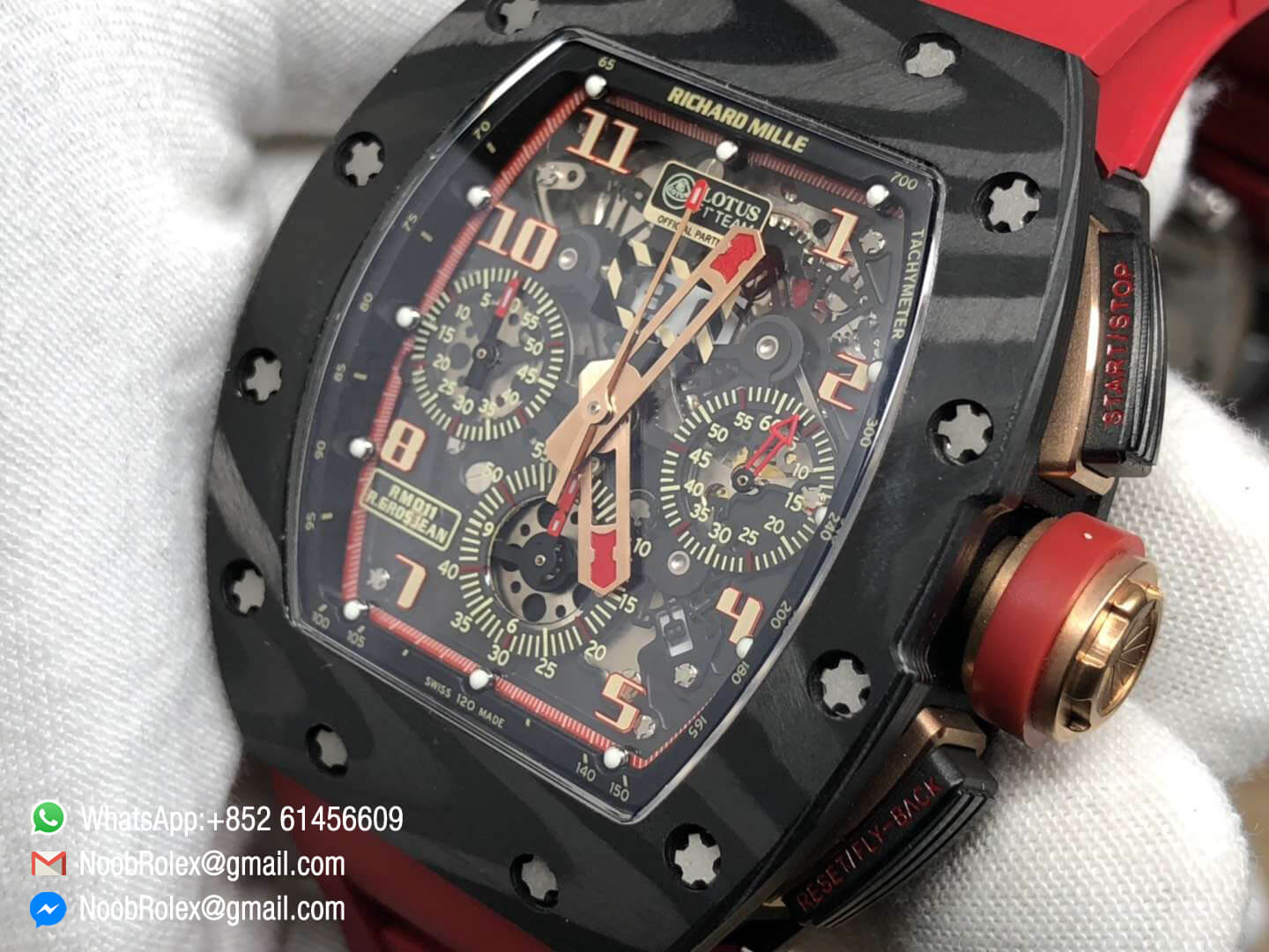 RM011 Lotus F1 Team Limitied Edition Carbon Case Chronograph KVF Best Edition Crystal Skeleton Dial Red on Red Rubber Strap A7750 04