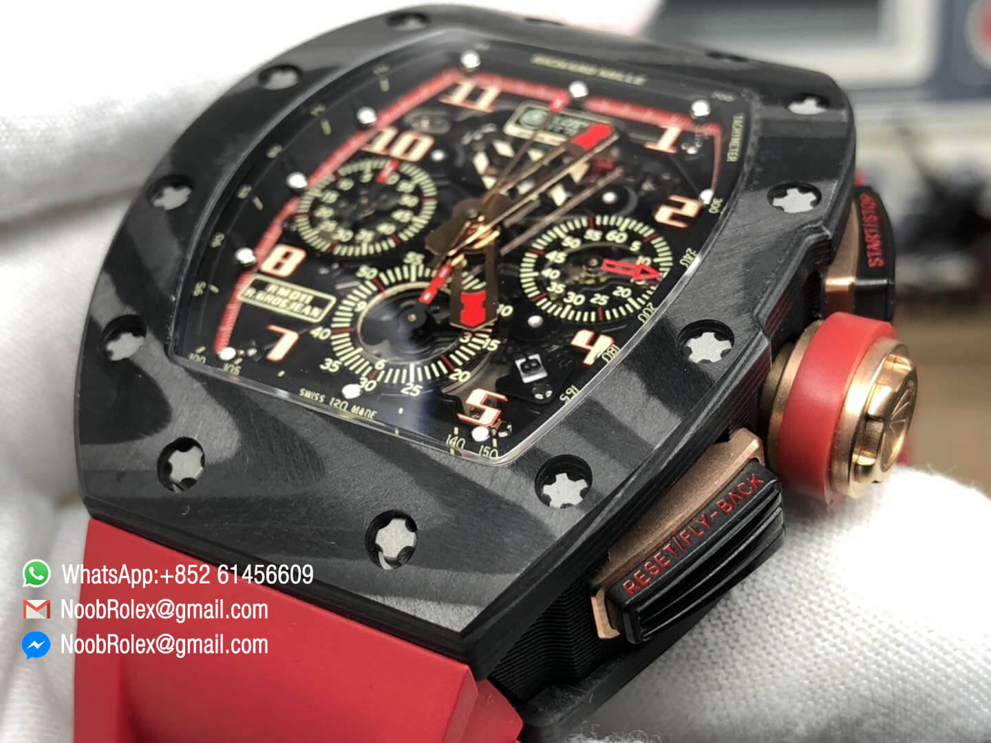 RM011 Lotus F1 Team Limitied Edition Carbon Case Chronograph KVF Best Edition Crystal Skeleton Dial Red on Red Rubber Strap A7750 05