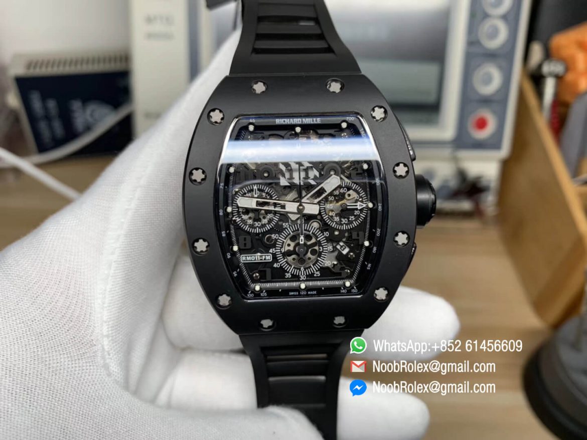 RM011 Real Ceramic Case Chronograph Rep Watch Crystal Skeleton Dial Black on Black Rubber Strap A7750 KVF Top Level Quality 01