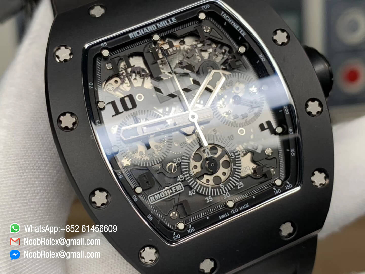 RM011 Real Ceramic Case Chronograph Rep Watch Crystal Skeleton Dial Black on Black Rubber Strap A7750 KVF Top Level Quality 03