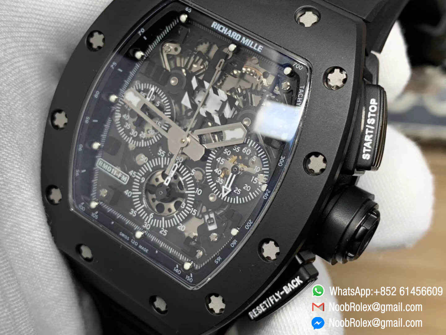RM011 Real Ceramic Case Chronograph Rep Watch Crystal Skeleton Dial Black on Black Rubber Strap A7750 KVF Top Level Quality 05