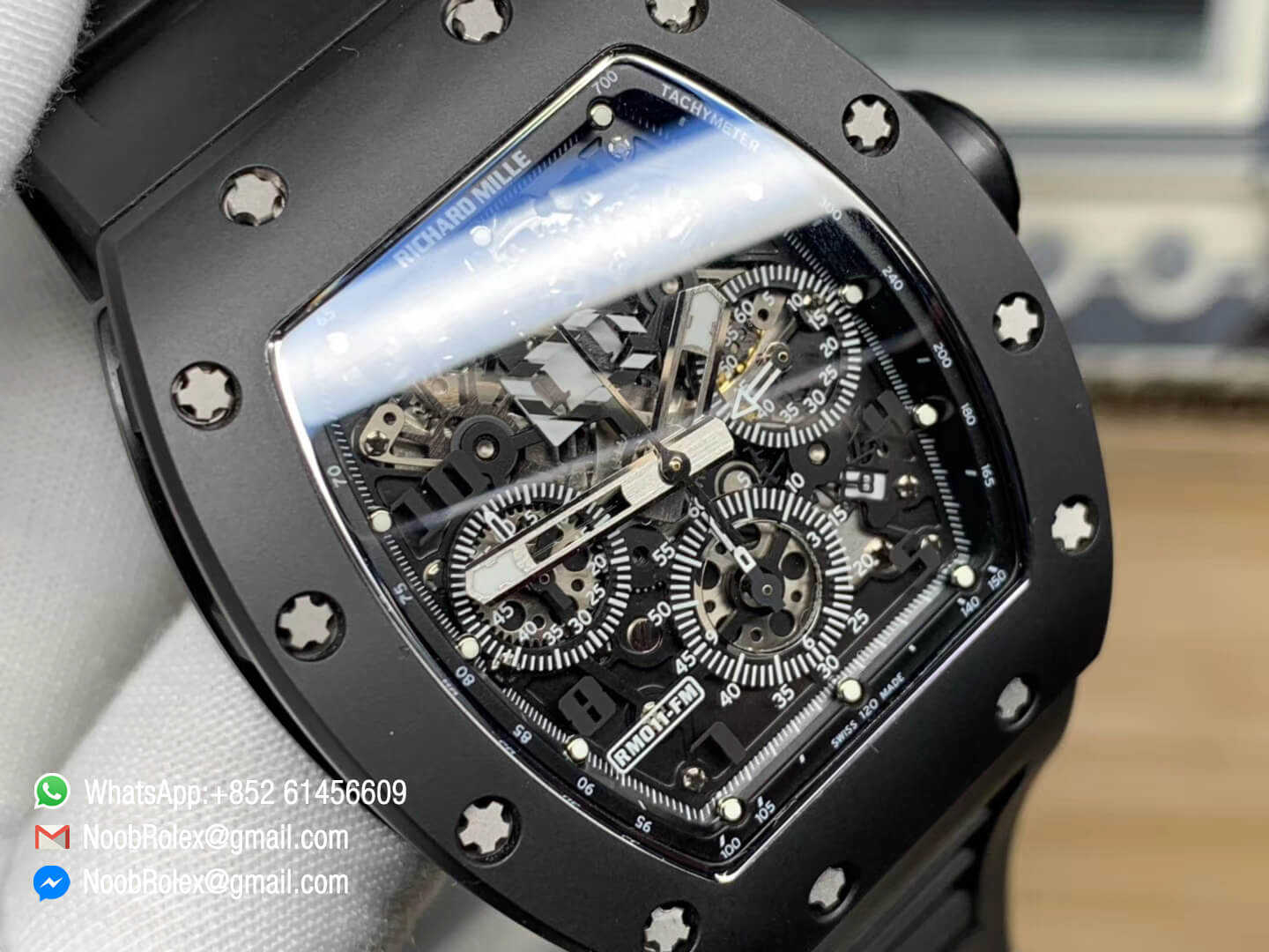 RM011 Real Ceramic Case Chronograph Rep Watch Crystal Skeleton Dial Black on Black Rubber Strap A7750 KVF Top Level Quality 06