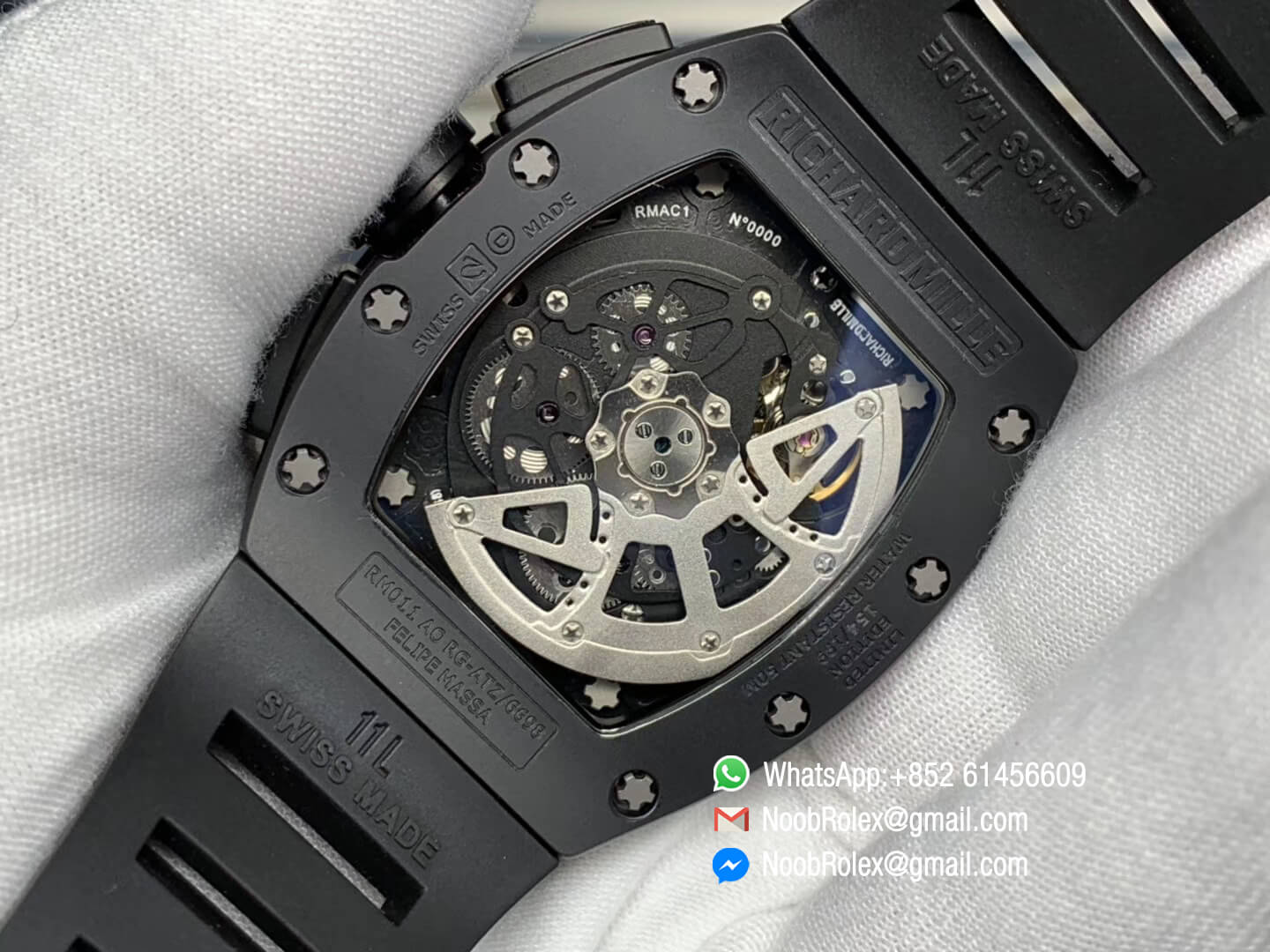 RM011 Real Ceramic Case Chronograph Rep Watch Crystal Skeleton Dial Black on Black Rubber Strap A7750 KVF Top Level Quality 08