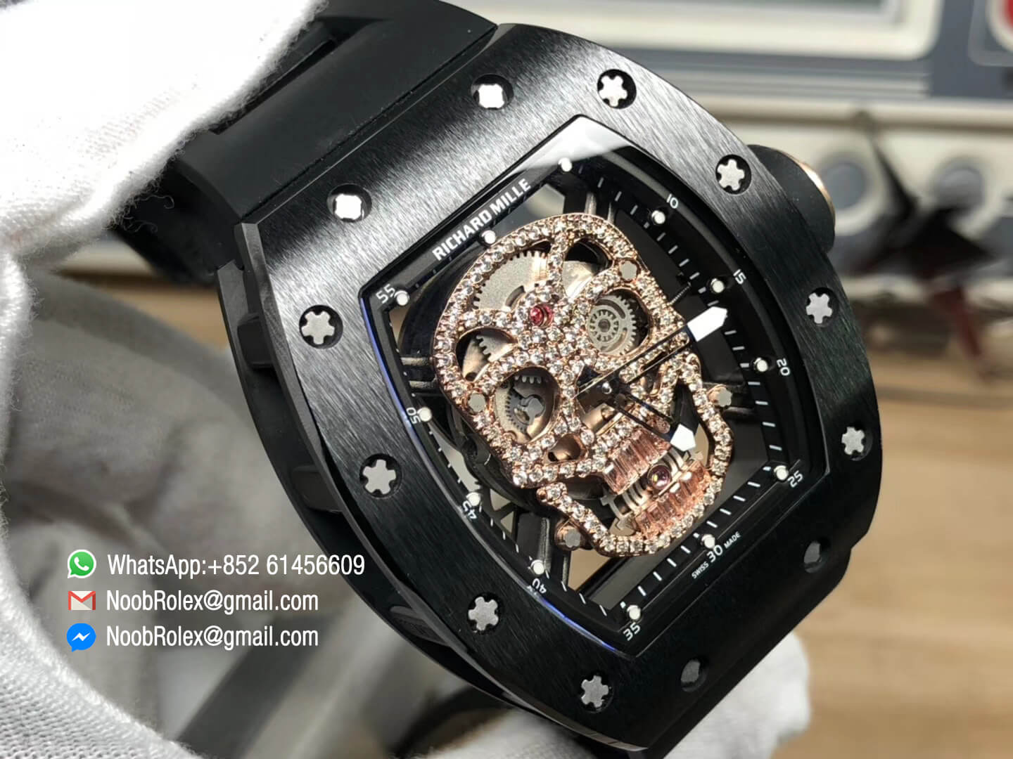 RM052 Black Ceramic Bezel Full Paved Rose Gold Diamonds Skull Dial on Black Rubber Strap MIYOTA8215 03