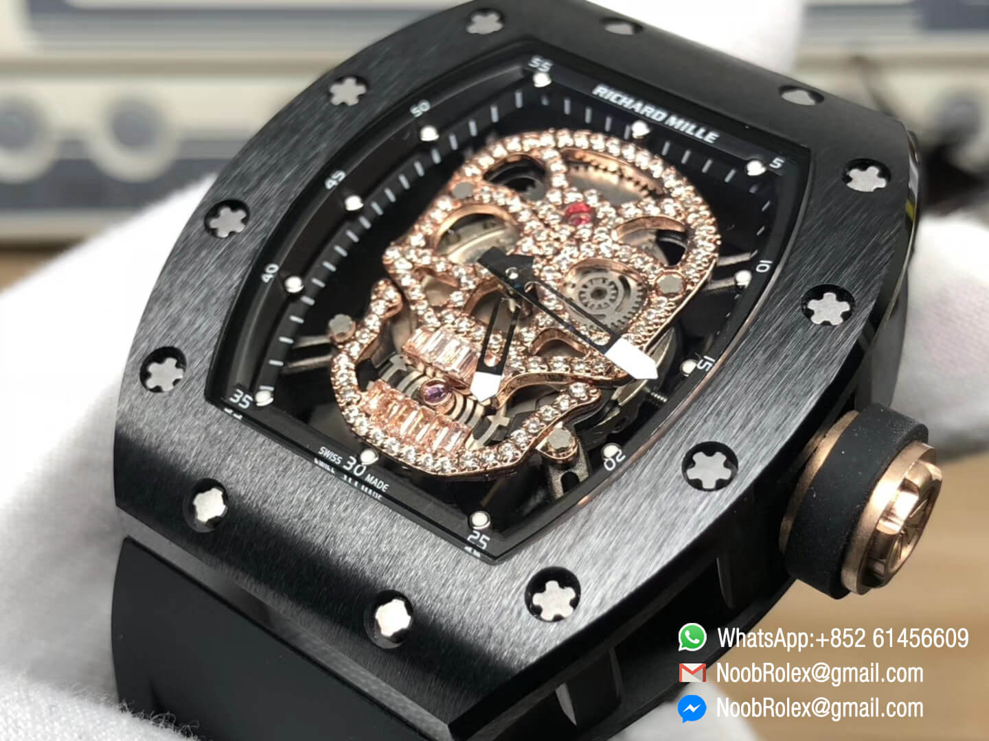 RM052 Black Ceramic Bezel Full Paved Rose Gold Diamonds Skull Dial on Black Rubber Strap MIYOTA8215 04