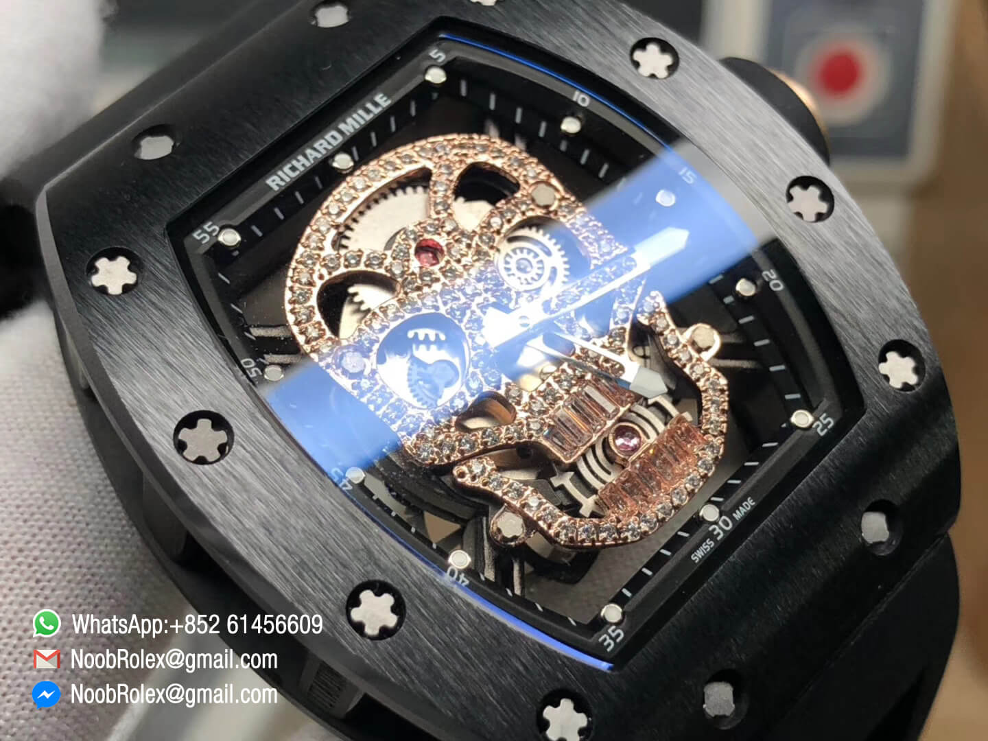 RM052 Black Ceramic Bezel Full Paved Rose Gold Diamonds Skull Dial on Black Rubber Strap MIYOTA8215 05