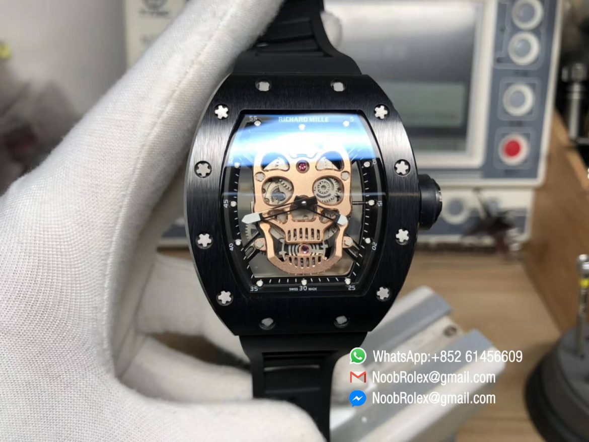 RM052 Titanium Case Gold Skull Skeleton Dial Black Rubber Strap MIYOTA 8215 Movement 01