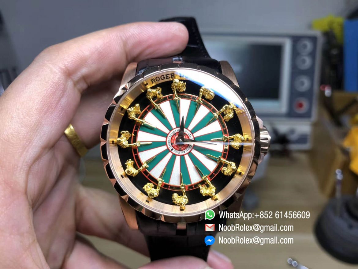 Roger D Excalibur Knights of the Round Table II Rose Gold Case Checkerboard Dial on Black Leather Strap MIYOTA 6T15 01