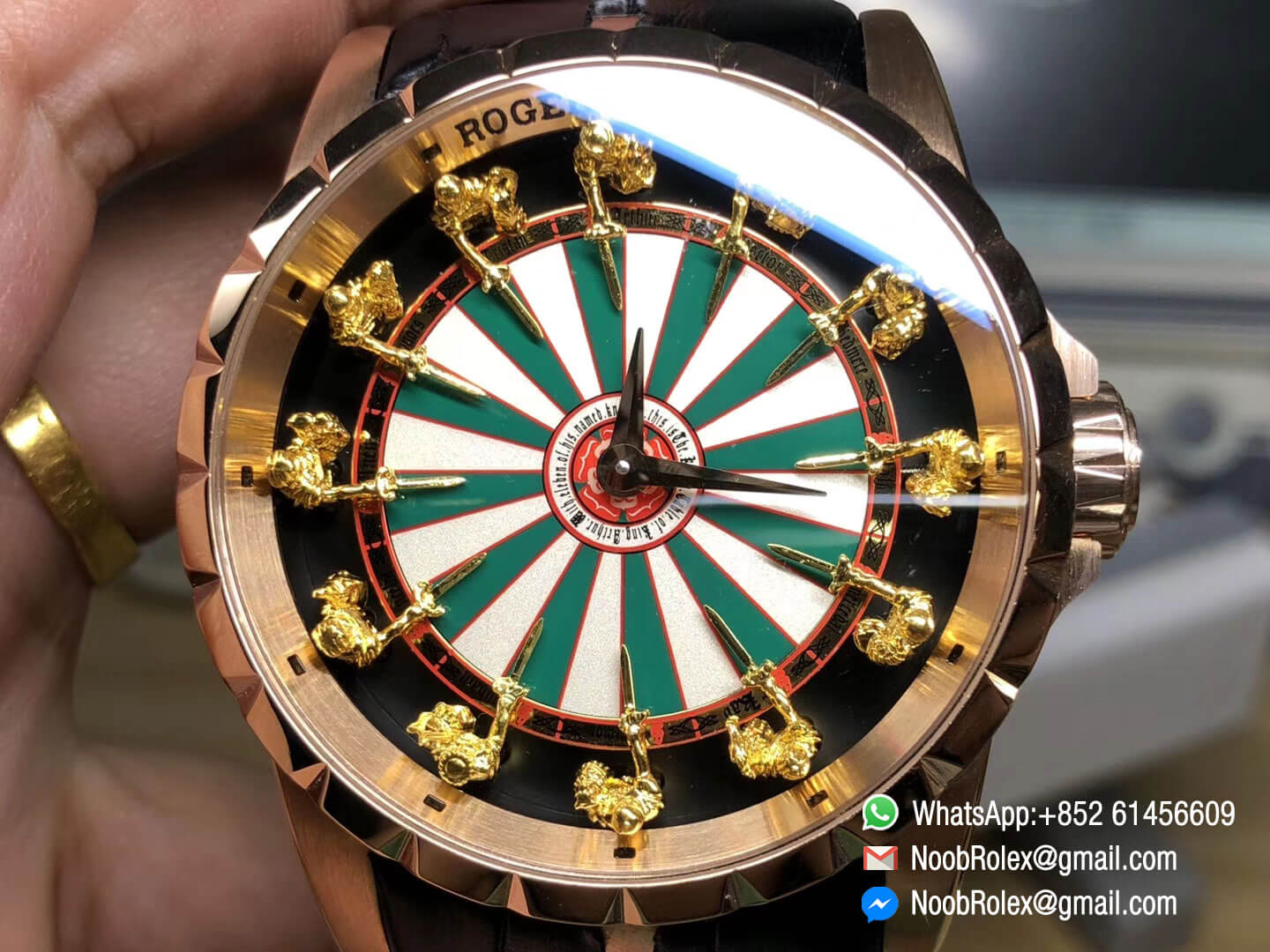 Roger D Excalibur Knights of the Round Table II Rose Gold Case Checkerboard Dial on Black Leather Strap MIYOTA 6T15 02