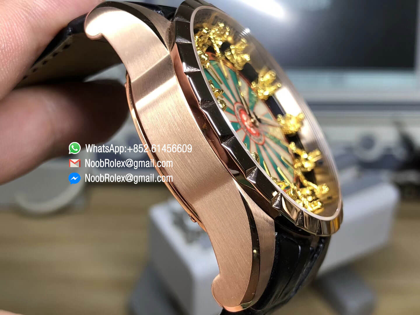 Roger D Excalibur Knights of the Round Table II Rose Gold Case Checkerboard Dial on Black Leather Strap MIYOTA 6T15 03