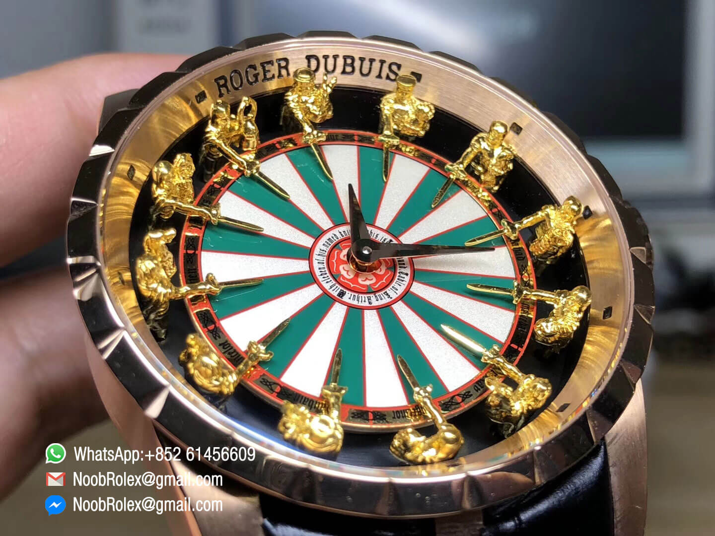 Roger D Excalibur Knights of the Round Table II Rose Gold Case Checkerboard Dial on Black Leather Strap MIYOTA 6T15 04