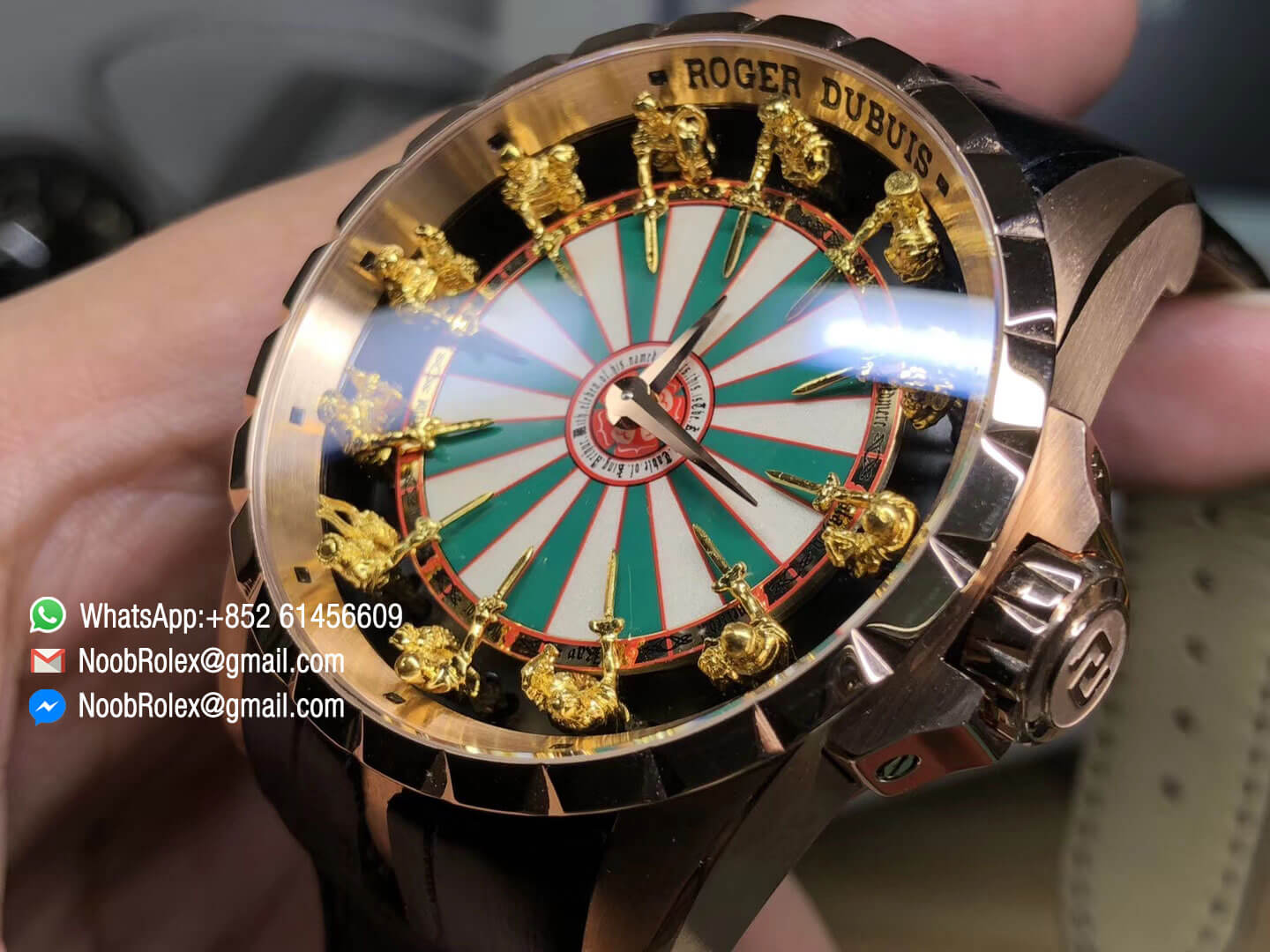 Roger D Excalibur Knights of the Round Table II Rose Gold Case Checkerboard Dial on Black Leather Strap MIYOTA 6T15 05