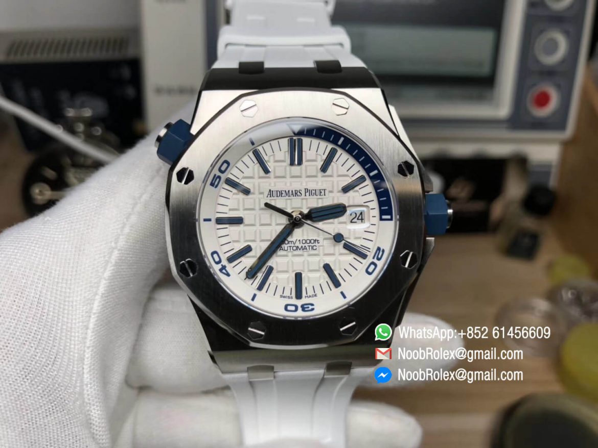 Royal Oak Offshore Diver 2017 White Dial White Rubber Strap AP 15710 on A3120 JF Best Quality Top Level Clone 01