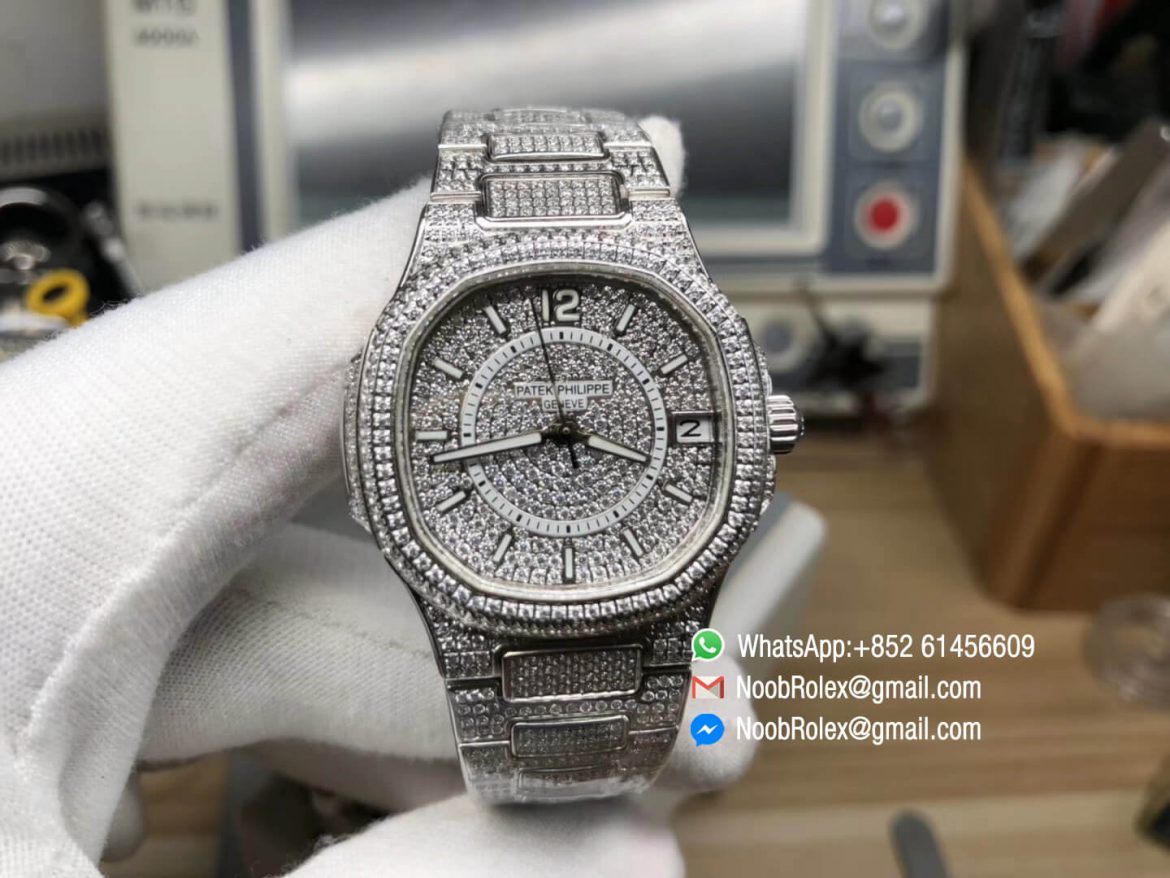 Nautilus Jumbo Ladies Watch 7021 Steel Case Full Paved Diamonds on Diamonds Plated Steel Bracelet MIYOTA 9015 Movement 01