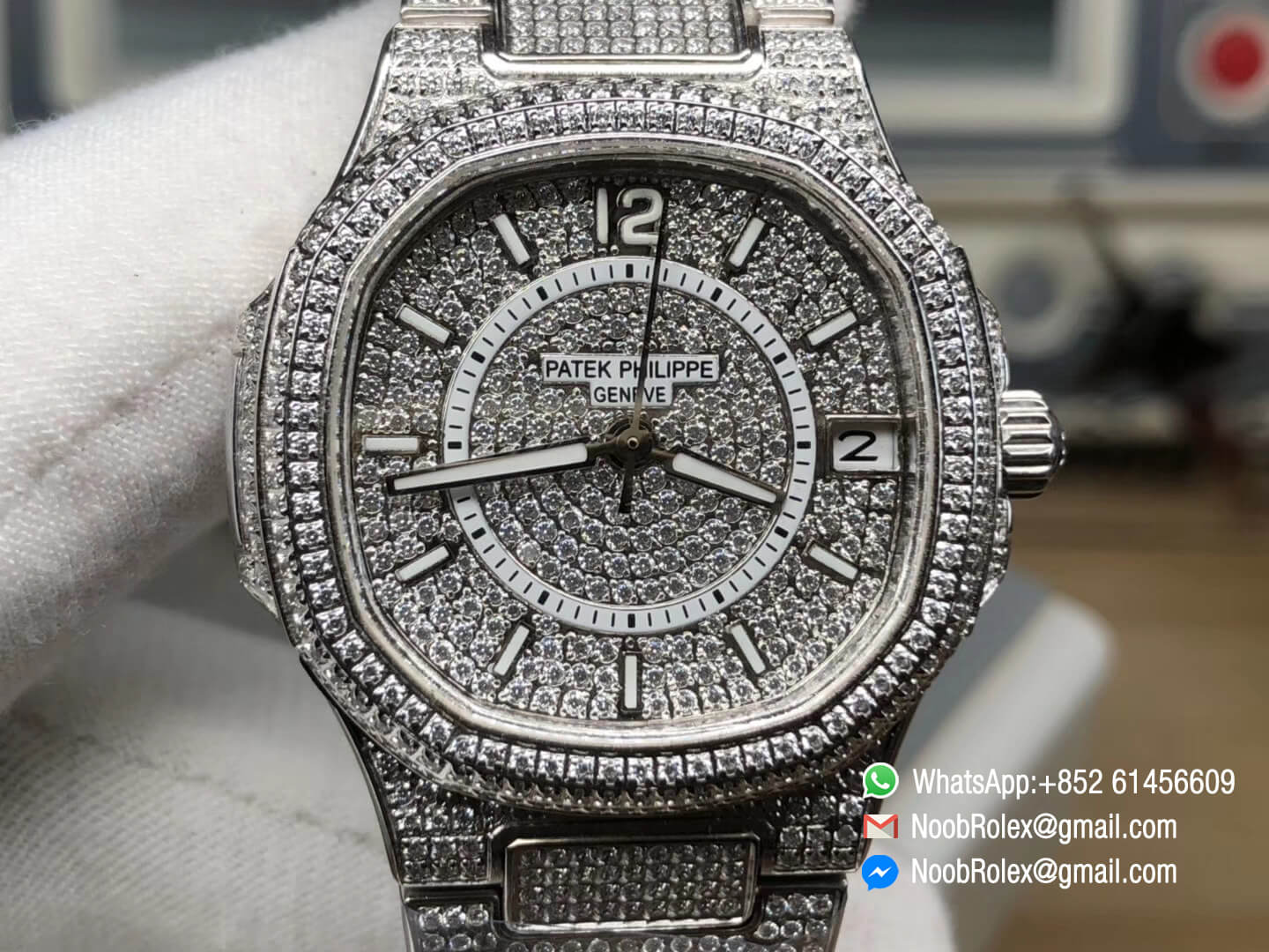 Nautilus Jumbo Ladies Watch 7021 Steel Case Full Paved Diamonds on Diamonds Plated Steel Bracelet MIYOTA 9015 Movement 02