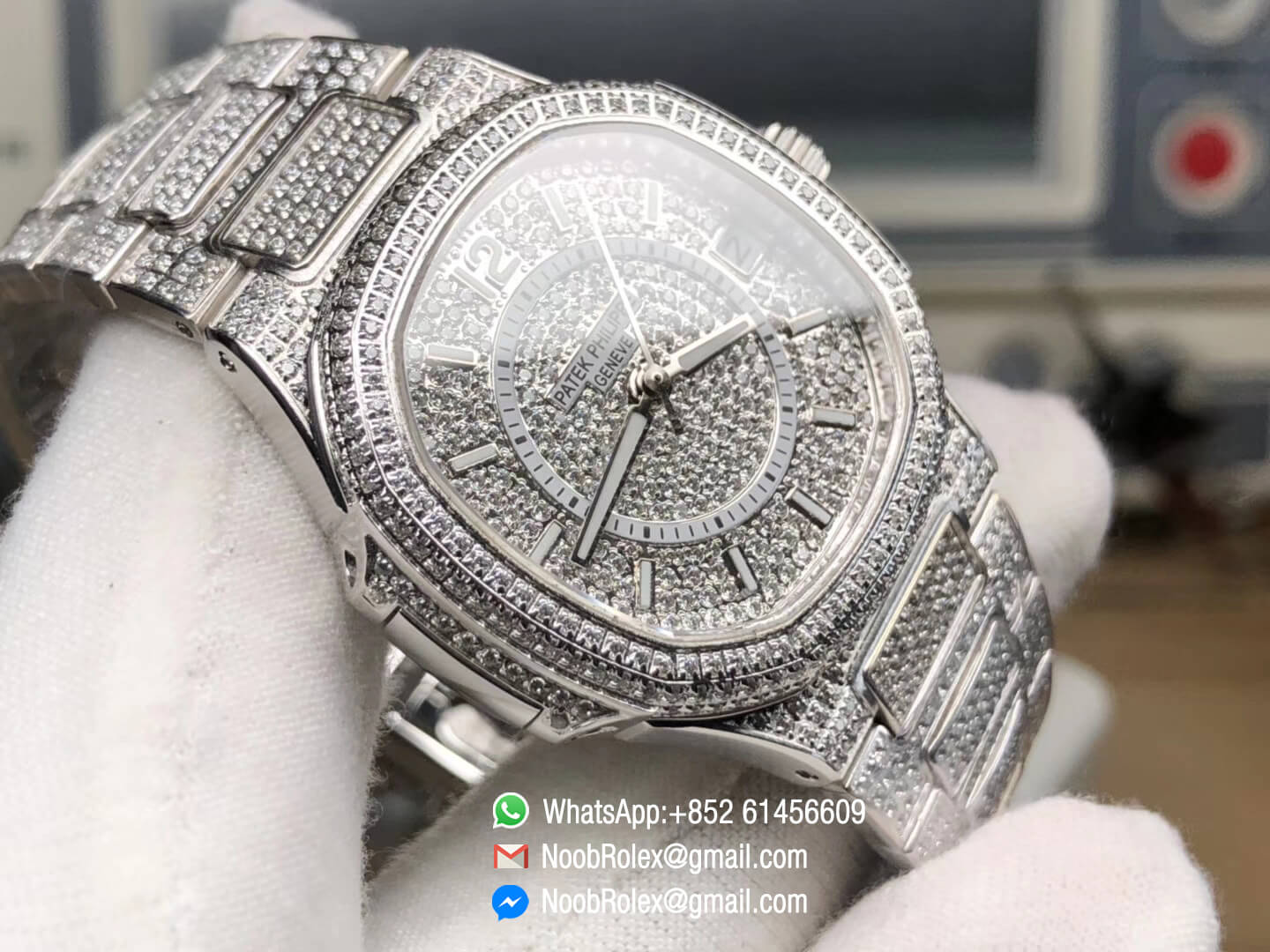 Nautilus Jumbo Ladies Watch 7021 Steel Case Full Paved Diamonds on Diamonds Plated Steel Bracelet MIYOTA 9015 Movement 03