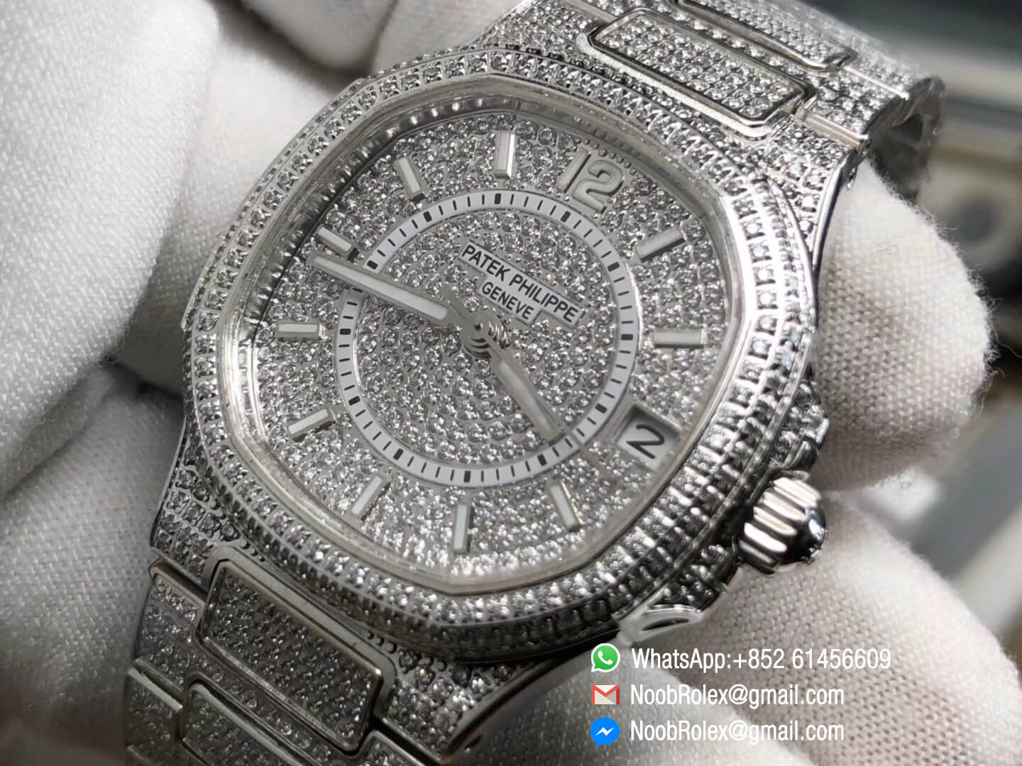 Nautilus Jumbo Ladies Watch 7021 Steel Case Full Paved Diamonds on Diamonds Plated Steel Bracelet MIYOTA 9015 Movement 05