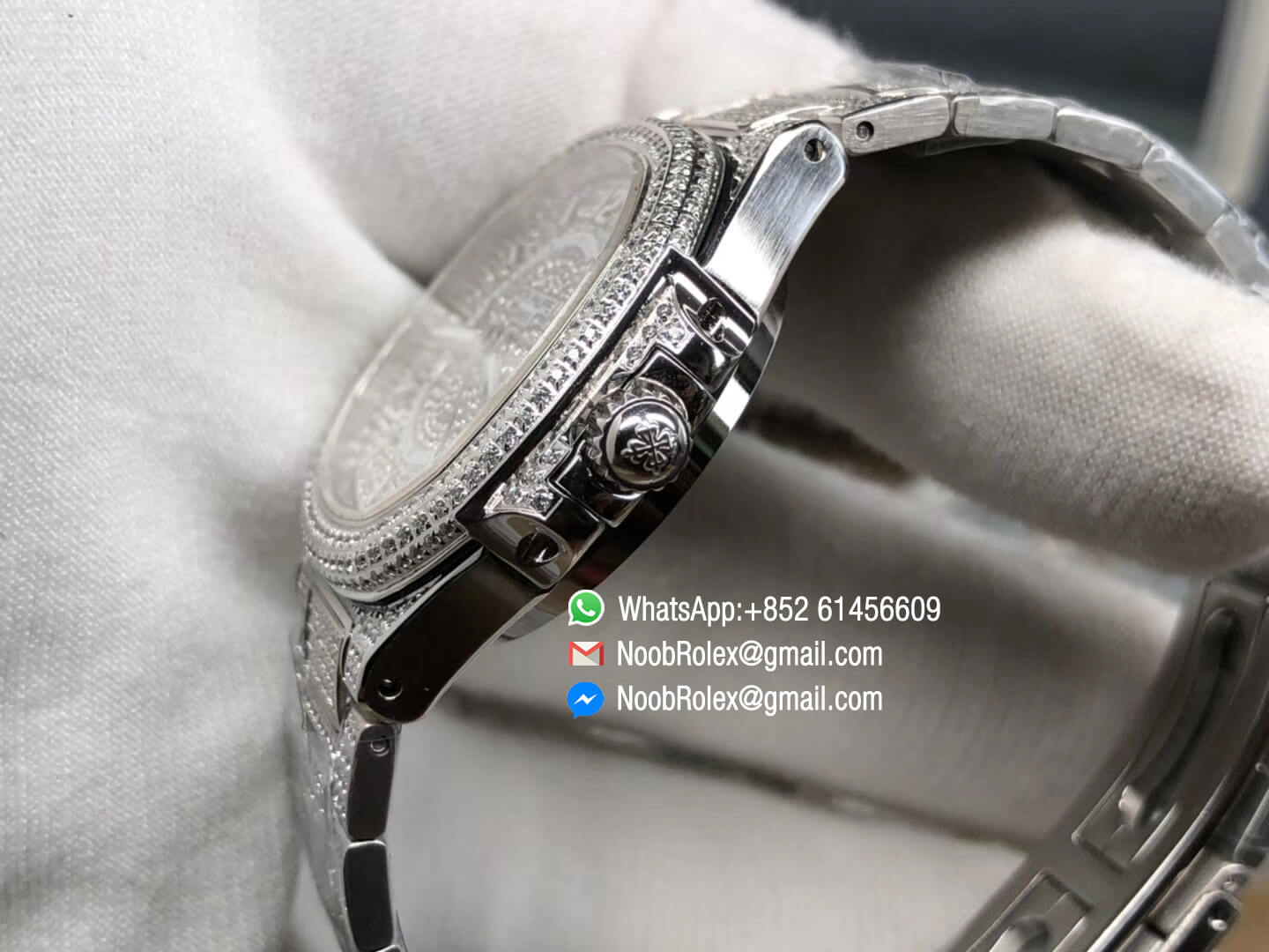 Nautilus Jumbo Ladies Watch 7021 Steel Case Full Paved Diamonds on Diamonds Plated Steel Bracelet MIYOTA 9015 Movement 06