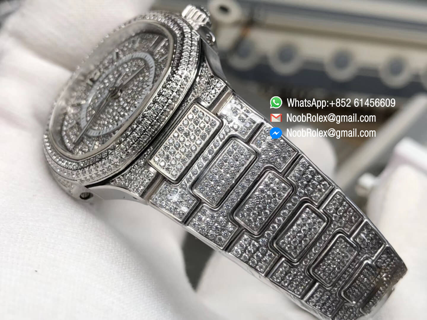 Nautilus Jumbo Ladies Watch 7021 Steel Case Full Paved Diamonds on Diamonds Plated Steel Bracelet MIYOTA 9015 Movement 07