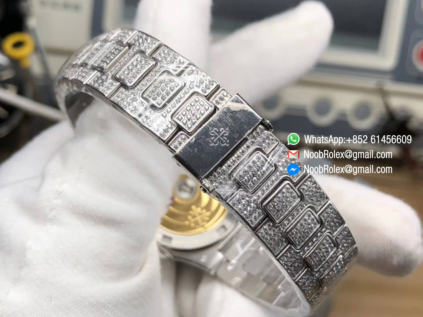 Nautilus Jumbo Ladies Watch 7021 Steel Case Full Paved Diamonds on Diamonds Plated Steel Bracelet MIYOTA 9015 Movement 09