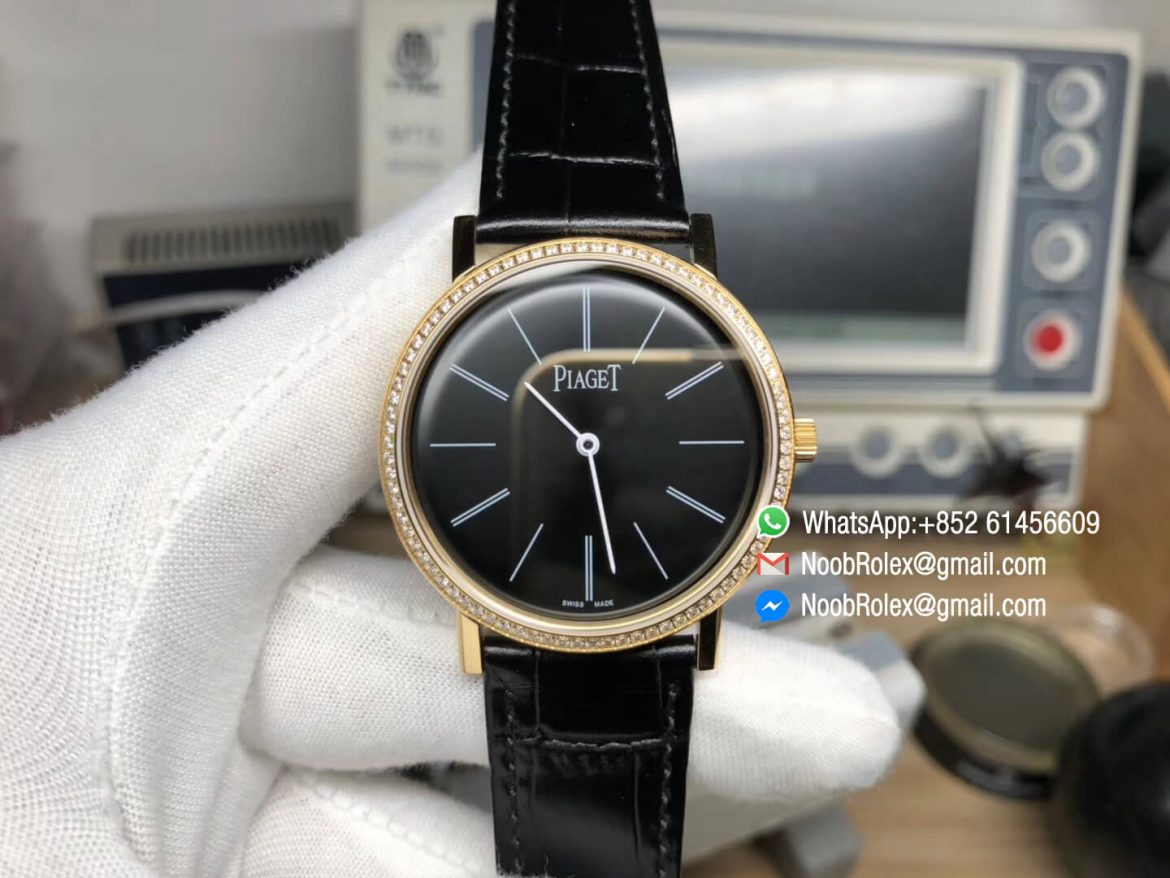 Piaget Altiplano Watch Yello Gold Case Black Dial with Diamonds Bezel on Black Leather Strap MIYOTA 9015 OX Factory Best Edition 01