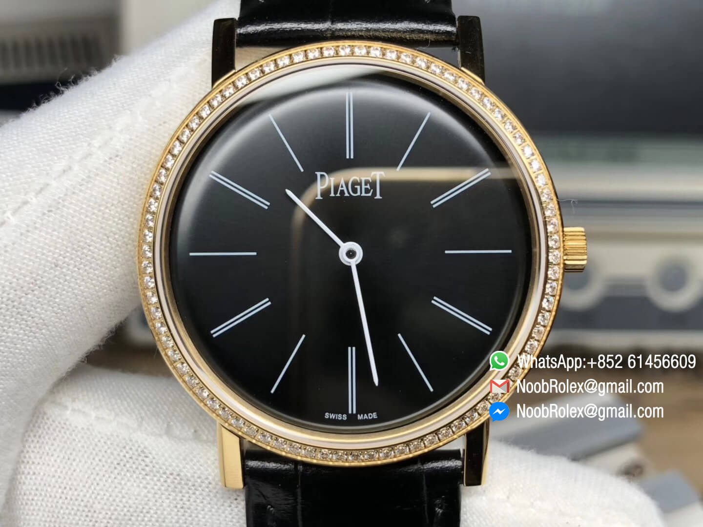 Piaget Altiplano Watch Yello Gold Case Black Dial with Diamonds Bezel on Black Leather Strap MIYOTA 9015 OX Factory Best Edition 02