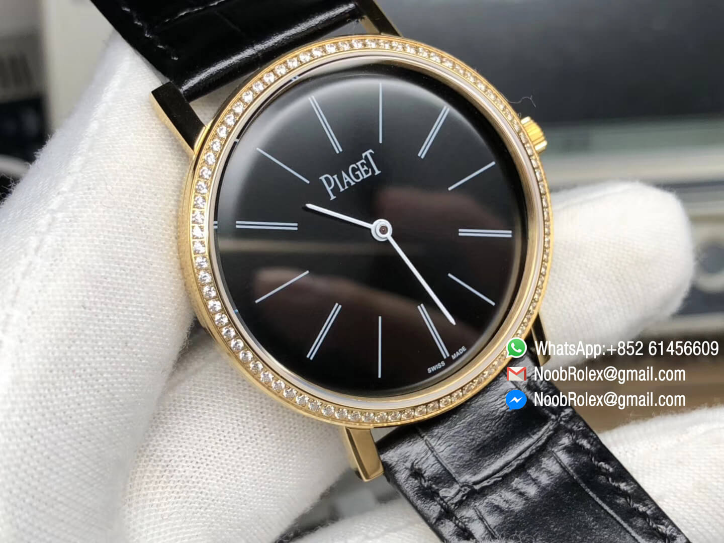 Piaget Altiplano Watch Yello Gold Case Black Dial with Diamonds Bezel on Black Leather Strap MIYOTA 9015 OX Factory Best Edition 03