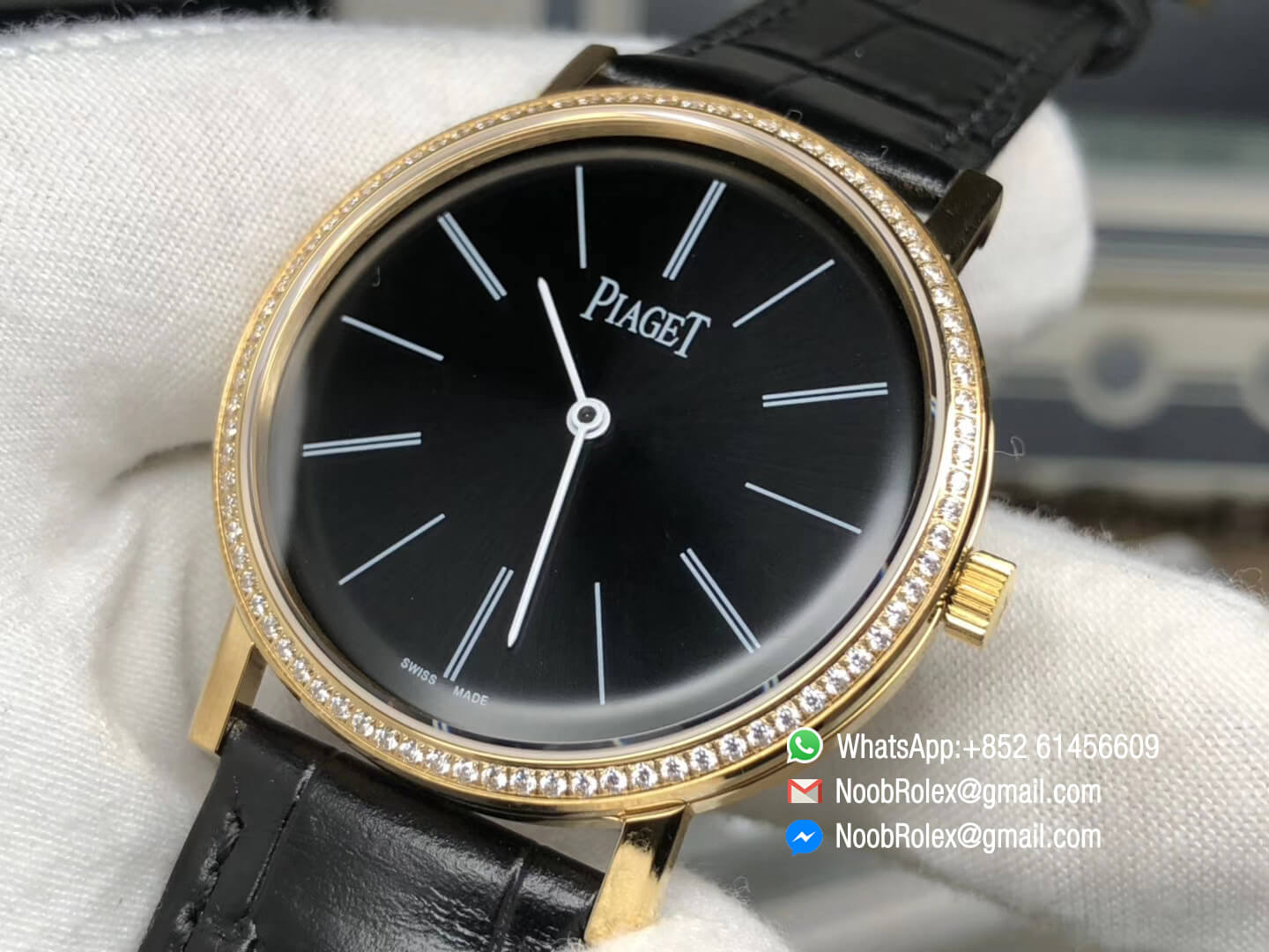 Piaget Altiplano Watch Yello Gold Case Black Dial with Diamonds Bezel on Black Leather Strap MIYOTA 9015 OX Factory Best Edition 05
