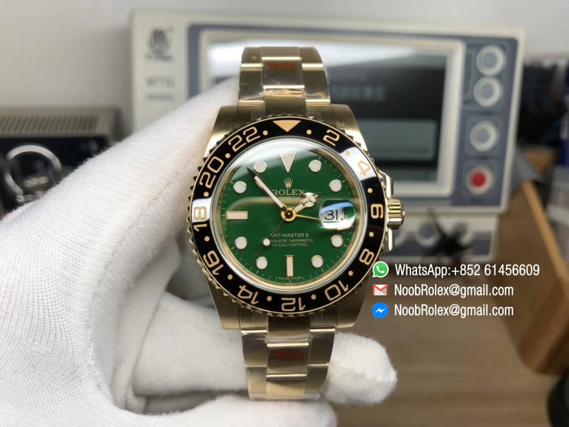 GM Factory GMT Master II 116718LN Plated Yellow Gold on 904L Steel Case and Green Dial with A3285 Correct Hand Stack 01