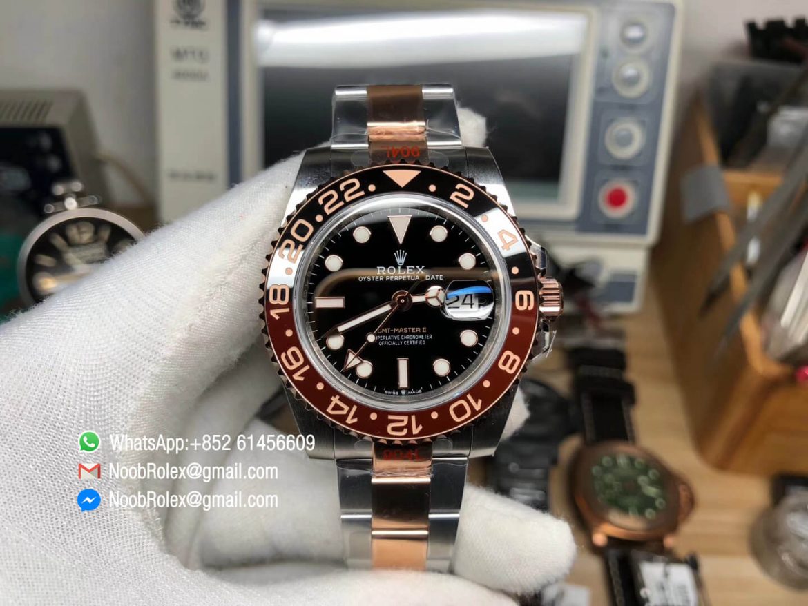 GMF GMT Master II 126711CHNR 904L Steel Case with Black Brown Bicolor Bezel 904 Steel Bracelet with Rose Gold plated middle links A3285 Correct Hand Stack 01