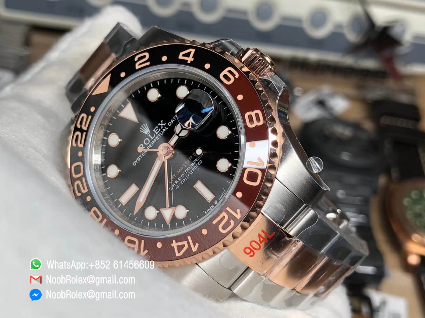 GMF GMT Master II 126711CHNR 904L Steel Case with Black Brown Bicolor Bezel 904 Steel Bracelet with Rose Gold plated middle links A3285 Correct Hand Stack 09
