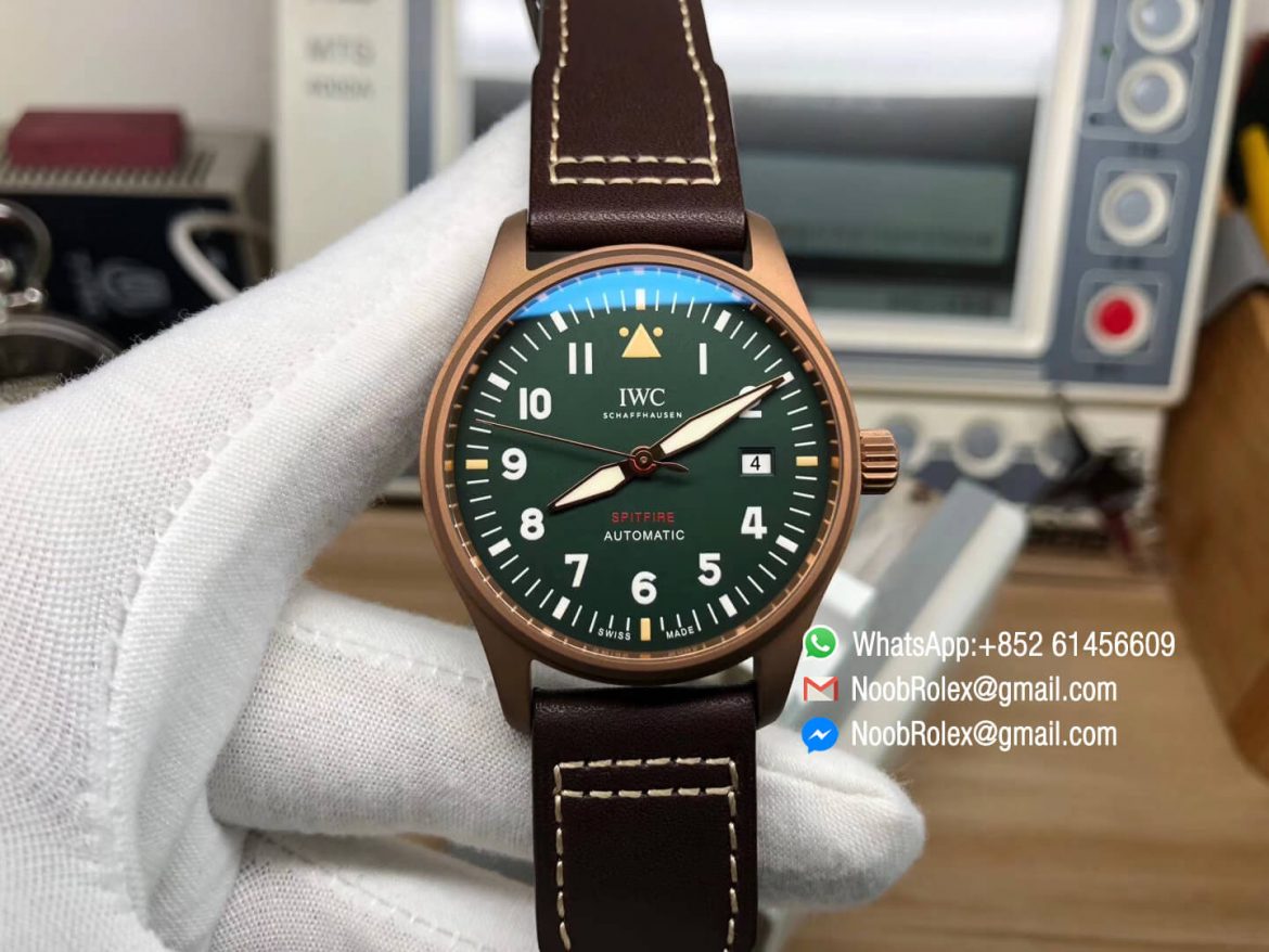 MKF Best Replica IWC IW326802 Spitfire Automatic Bronze Case Green Dial on Brown Leather Strap MIYOTA 9015 01