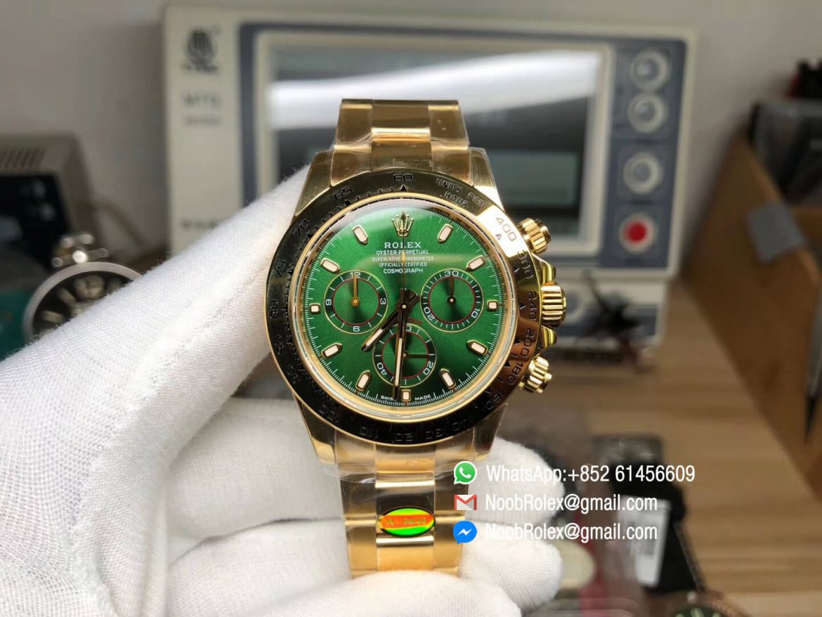 Noob Watch Daytona 116508 SA4130 V3 Plated 18K Yellow Gold on 904L Steel Case and Bracelet Green Dial Real Chrono Function Thickness Same as Gen 01