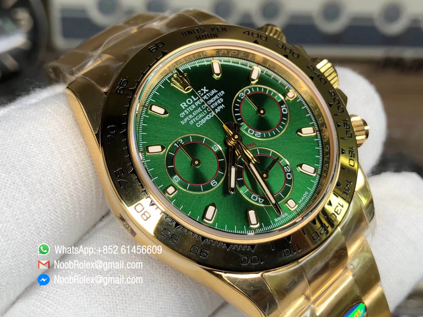 Noob Watch Daytona 116508 SA4130 V3 Plated 18K Yellow Gold on 904L Steel Case and Bracelet Green Dial Real Chrono Function Thickness Same as Gen 03