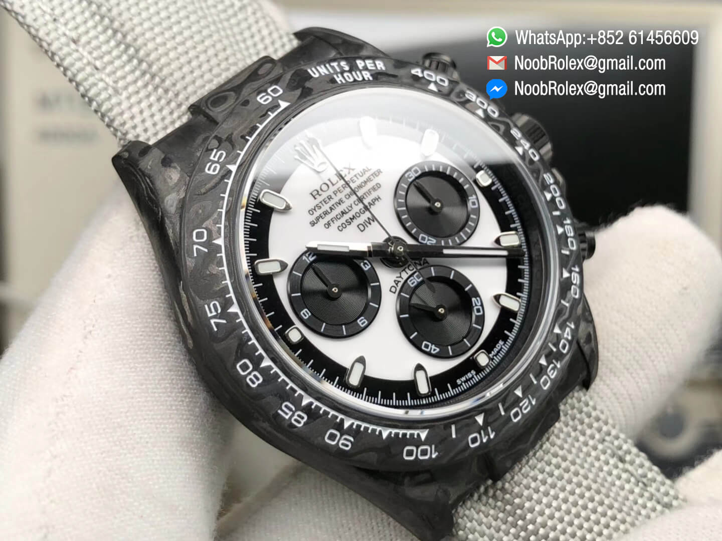 Swiss Replica Watches Daytona DIW Black Carbon Case and Bezel White Black Dial on Black Nylon Strap A7750 TWF Best Edition 03