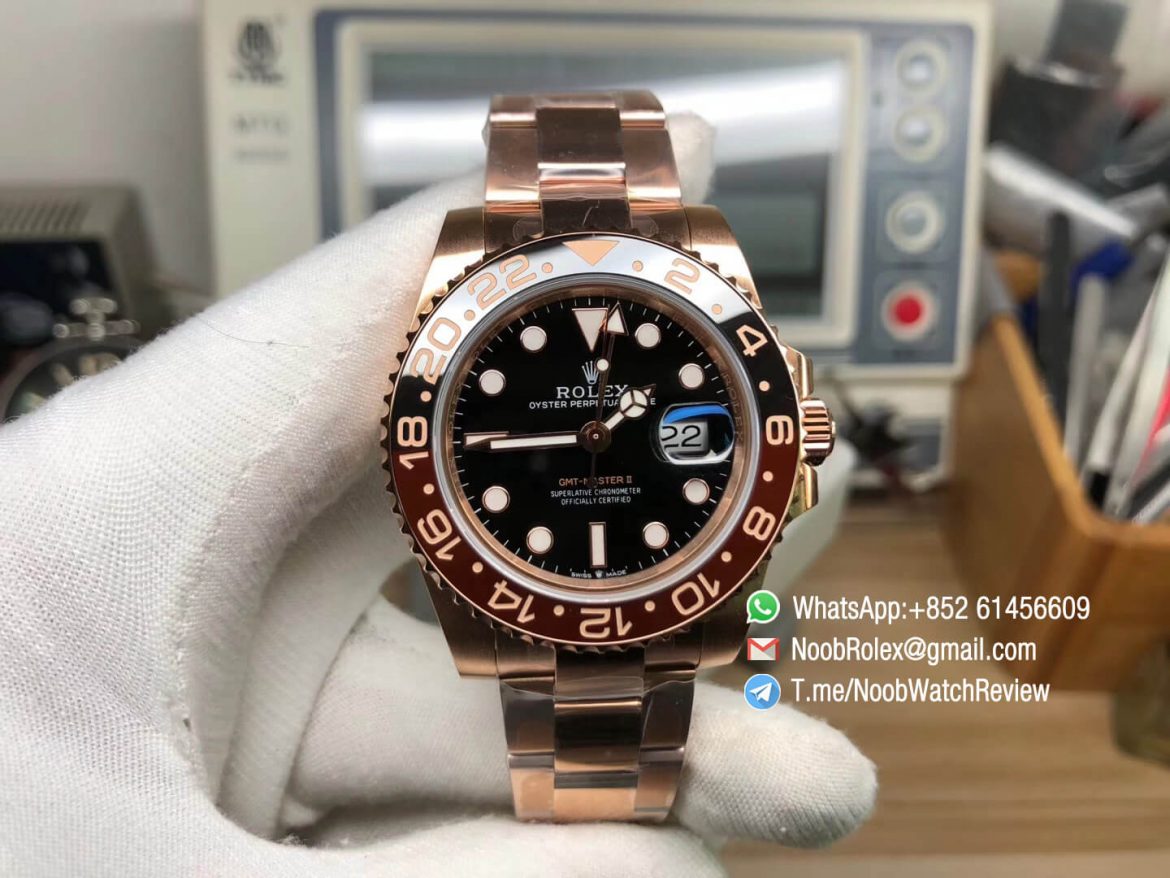 GMF Top Replica Rolex GMT Master II 126715CHNR Full Rose Gold Plated 904L Steel A3285 Correct Hand Stack 01