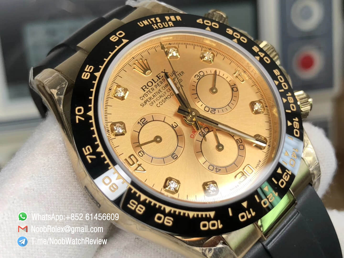 JH Factory Rolex Daytona 116518LN 40mm Champagne Dial Diamond Markers on Black Rubber Strap A4130 Chrono Movement 03