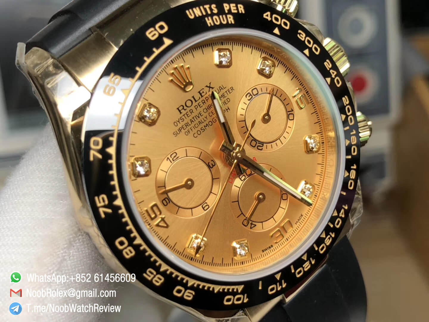 JH Factory Rolex Daytona 116518LN 40mm Champagne Dial Diamond Markers on Black Rubber Strap A4130 Chrono Movement 05
